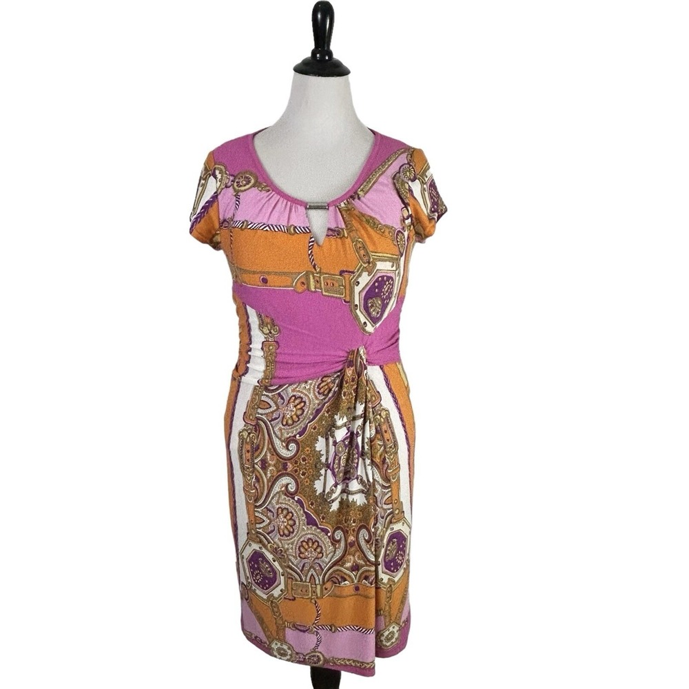 APANAGE Pink DRESS 10 Knit Chain Link Paisley Floral Maximalist Bodycon Retro